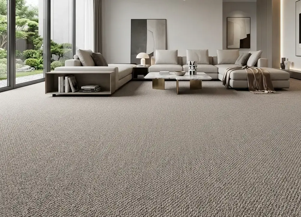 Conceptual rendering of living room with seamless installation of textured, beige loop-pile nylon carpet as the main focal point at Virginia City Highlands home