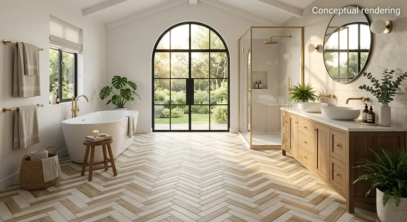 Conceptual rendering of a slip resistant bathroom tile herringbone pattern floor