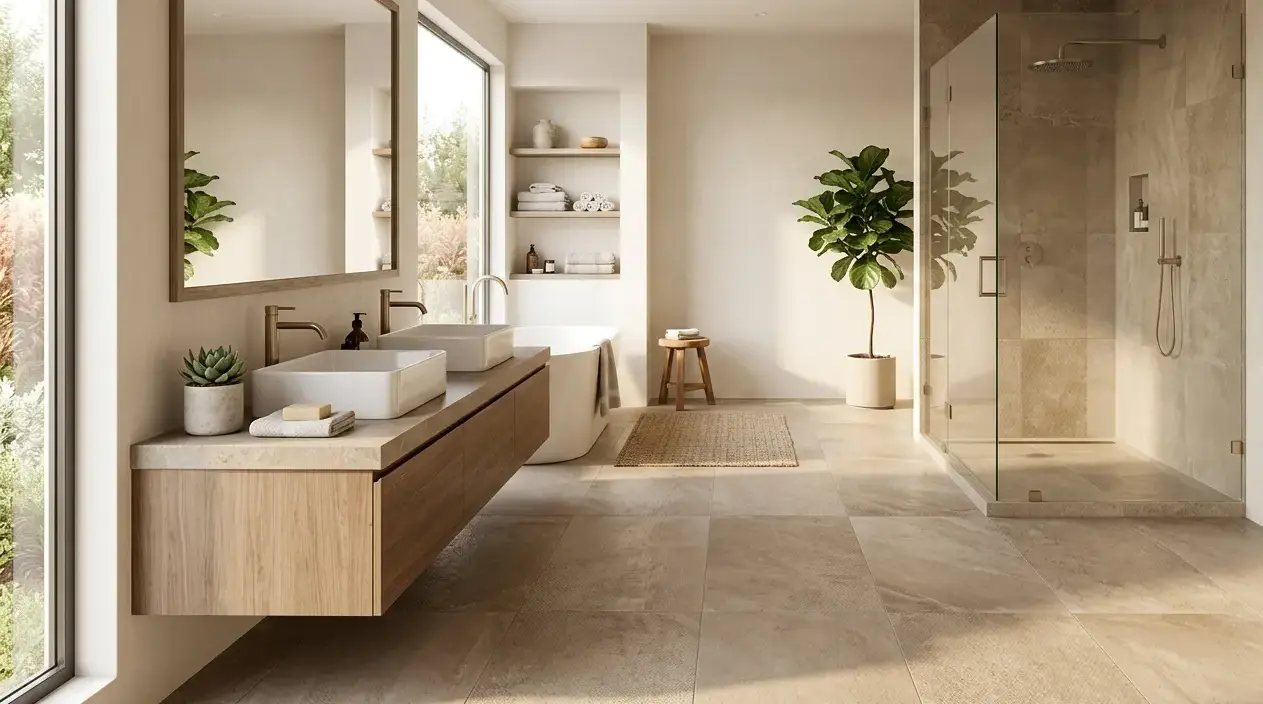 Conceptual rendering of a slip resistant bathroom tile paired with matching countertop tones