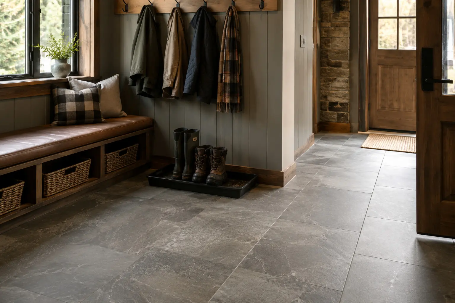 Conceptual rendering of a Entry And Mudroom Tile Built For A Truckee Winter