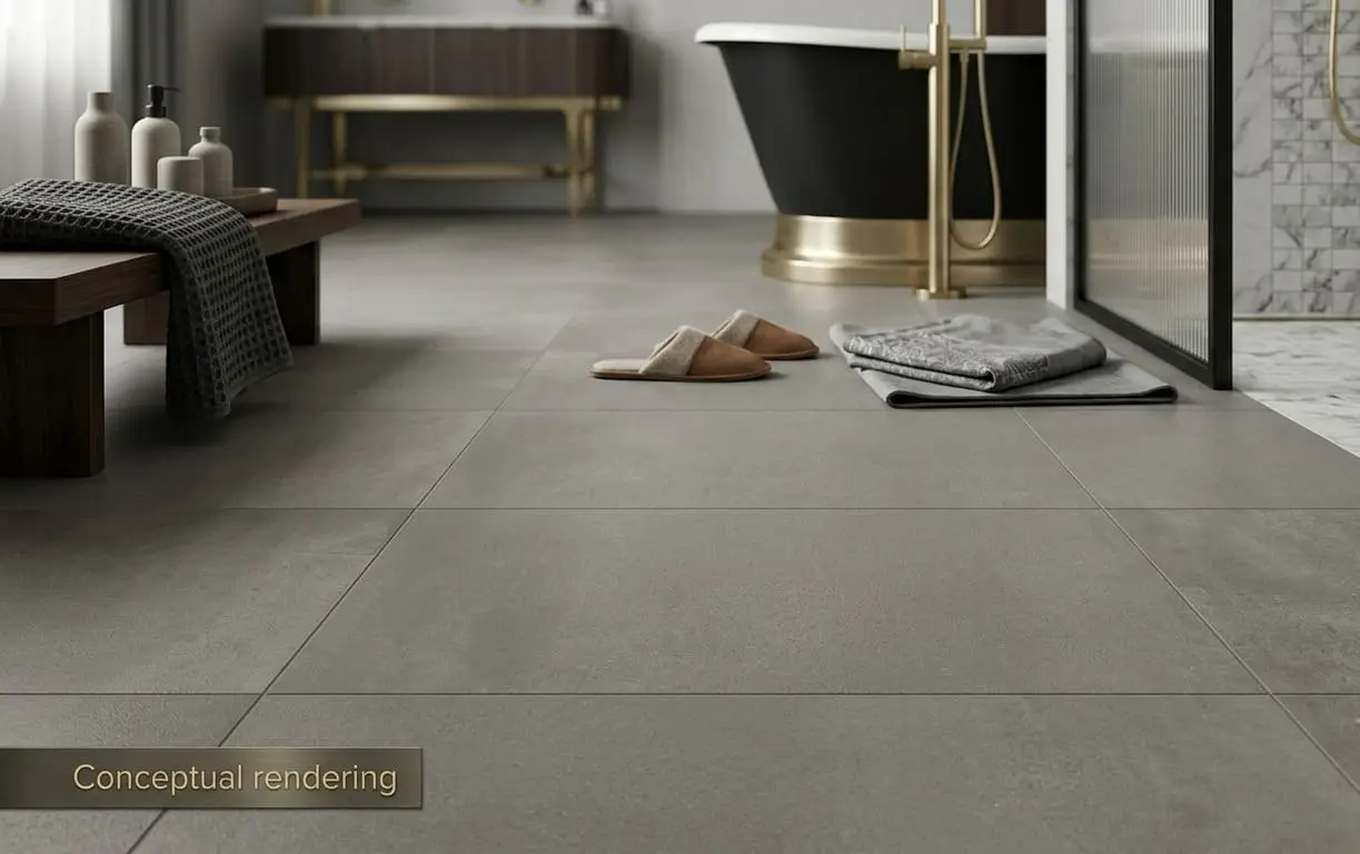 Conceptual rendering of a gray porcelain flooring tile