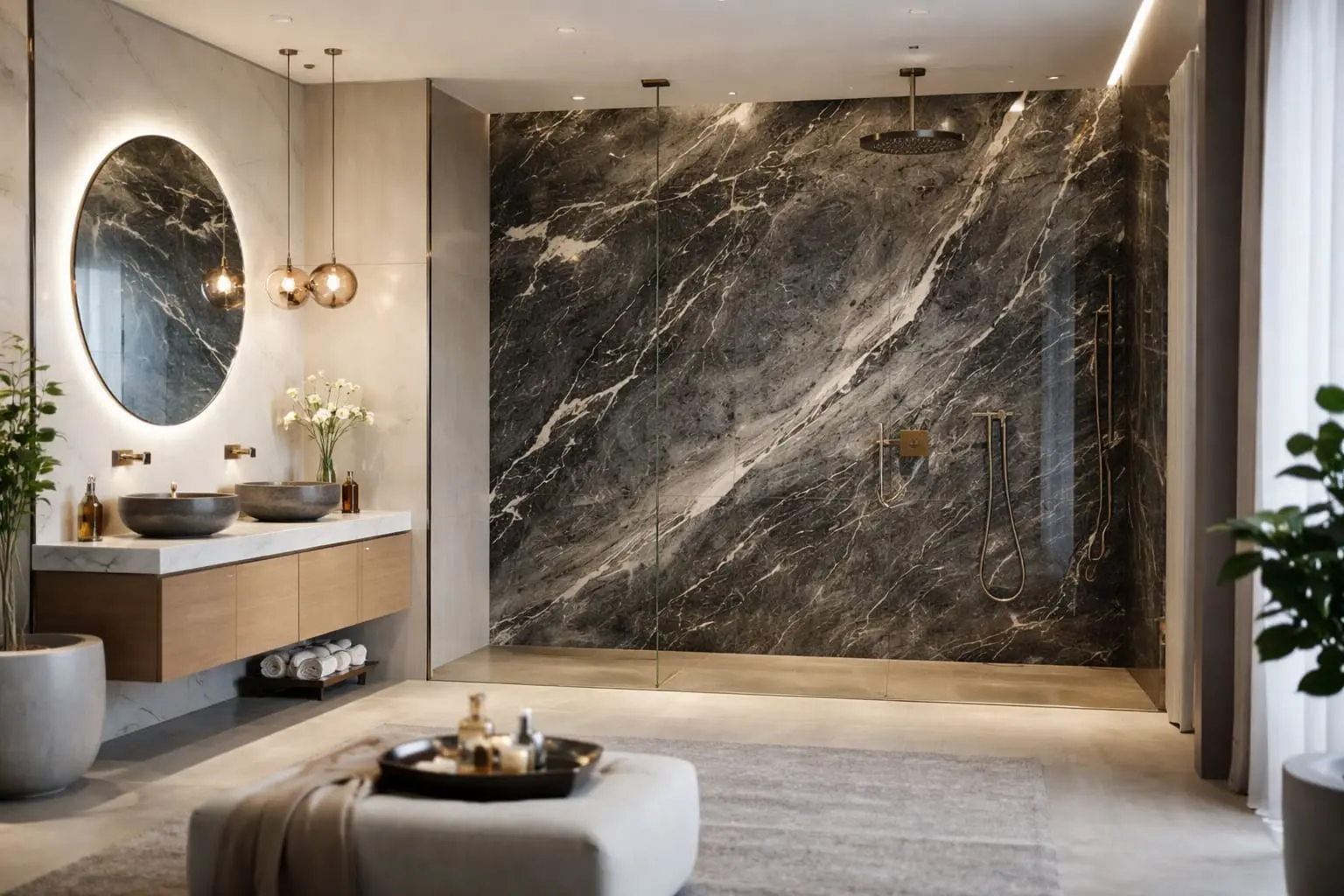 Conceptual rendering of graphite marble shower wall