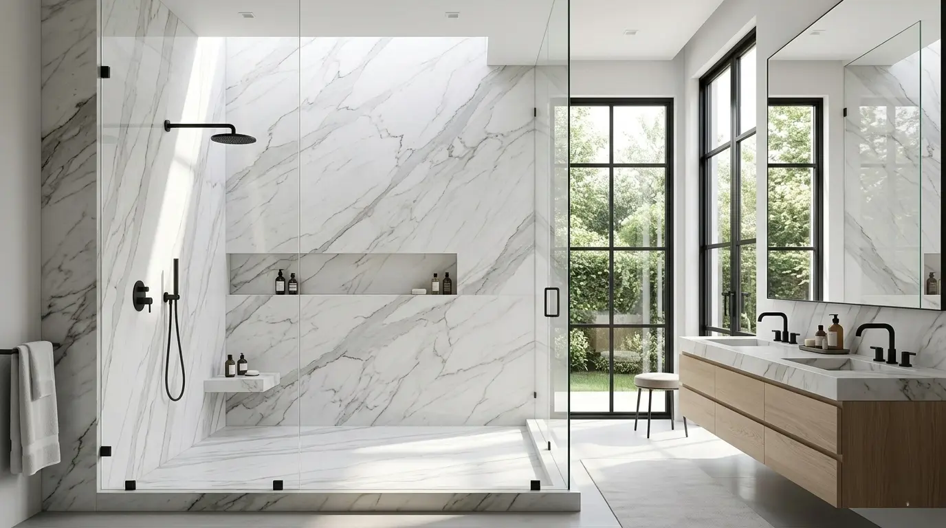 Conceptual rendering of mont blanc quartzite shower wall
