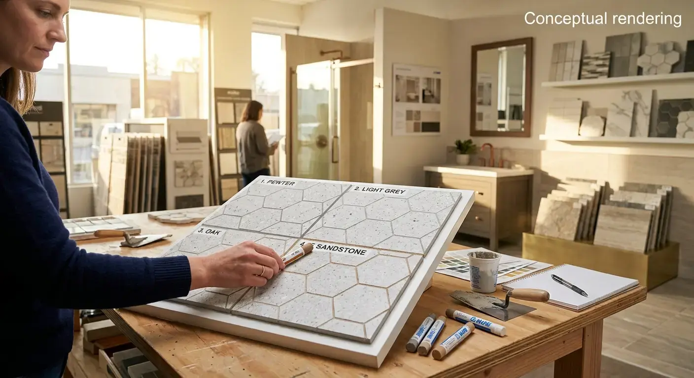 Conceptual rendering of a grout color matching test on a bathroom floor tile sample