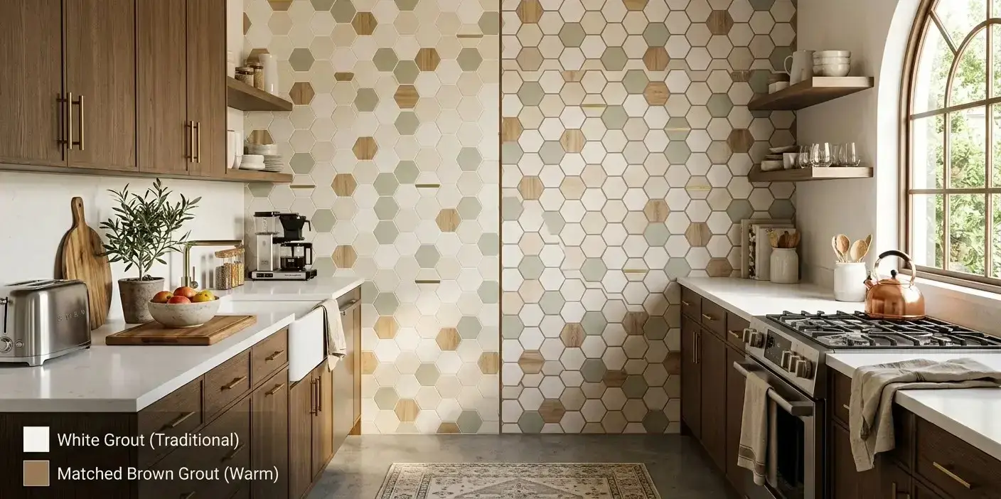 Conceptual rendering of a grout color matching pairing on a wall pattern tile layout