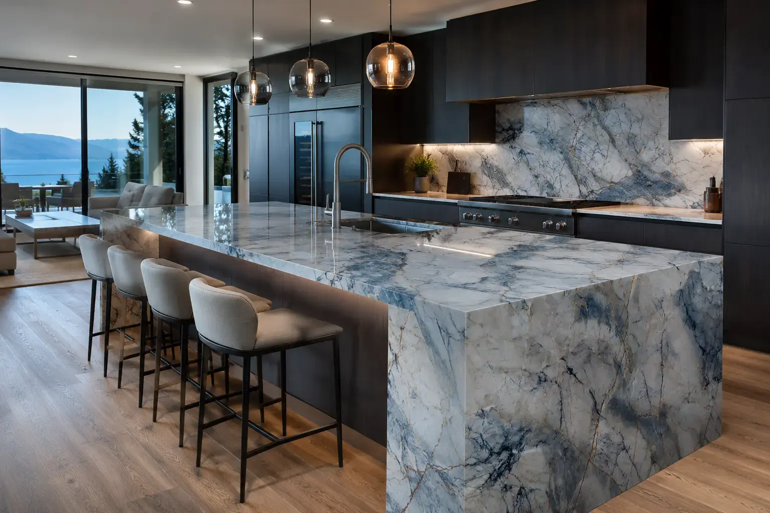 Conceptual rendering of luxury modern kitchen with blue quartzite countertop and waterfall island at North Lake Tahoe home