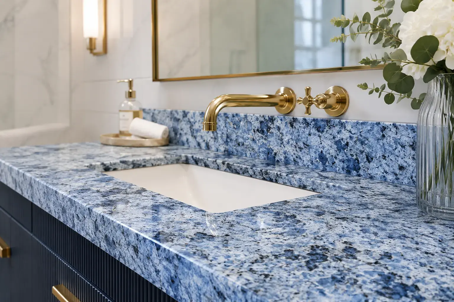 Conceptual rendering of bathroom at North Lake Tahoe, CA home with blue quartz countertop, modern vanity, and gold fixtures close-up