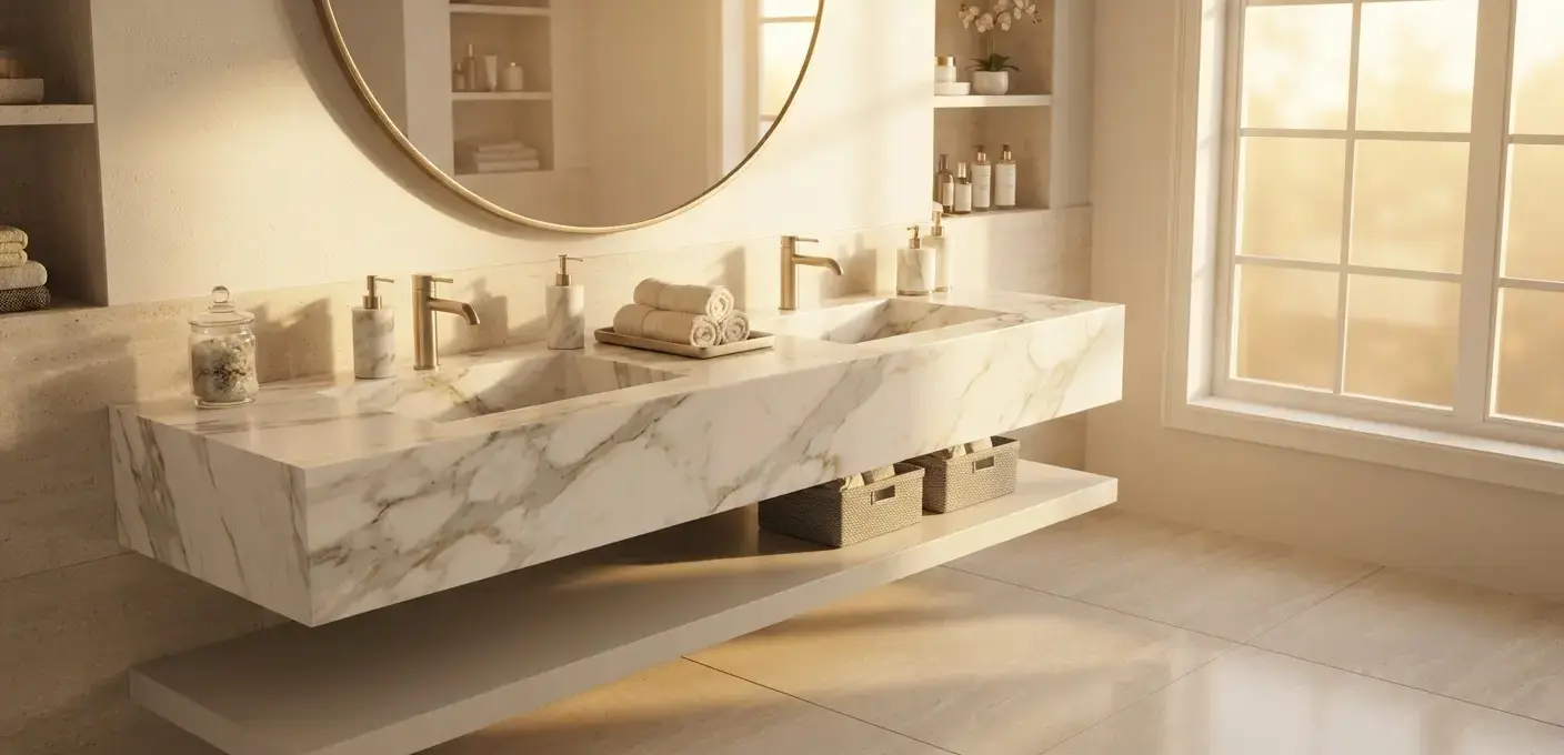 Conceptual rendering of a marble bathroom vanity showing how to protect countertops in wet areas