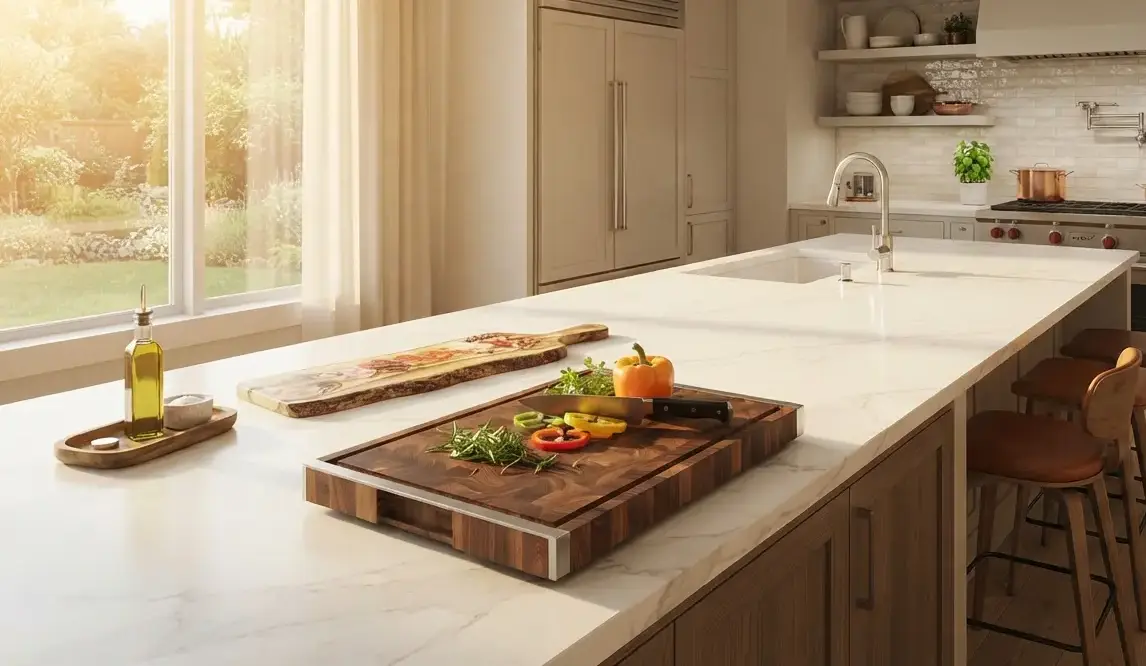Conceptual rendering of a porcelain slab counter illustrating how to protect countertops with cutting boards