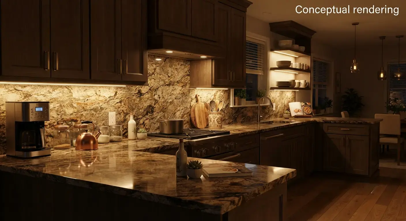 Conceptual rendering of under-cabinet LED lighting for stone countertops across a granite backsplash.