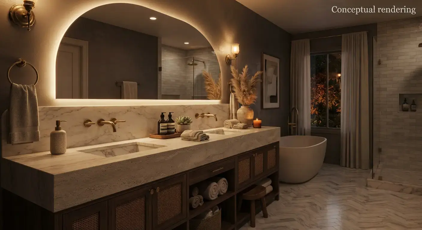 Conceptual rendering of a honed marble bathroom vanity with soft mirror lighting for stone countertops