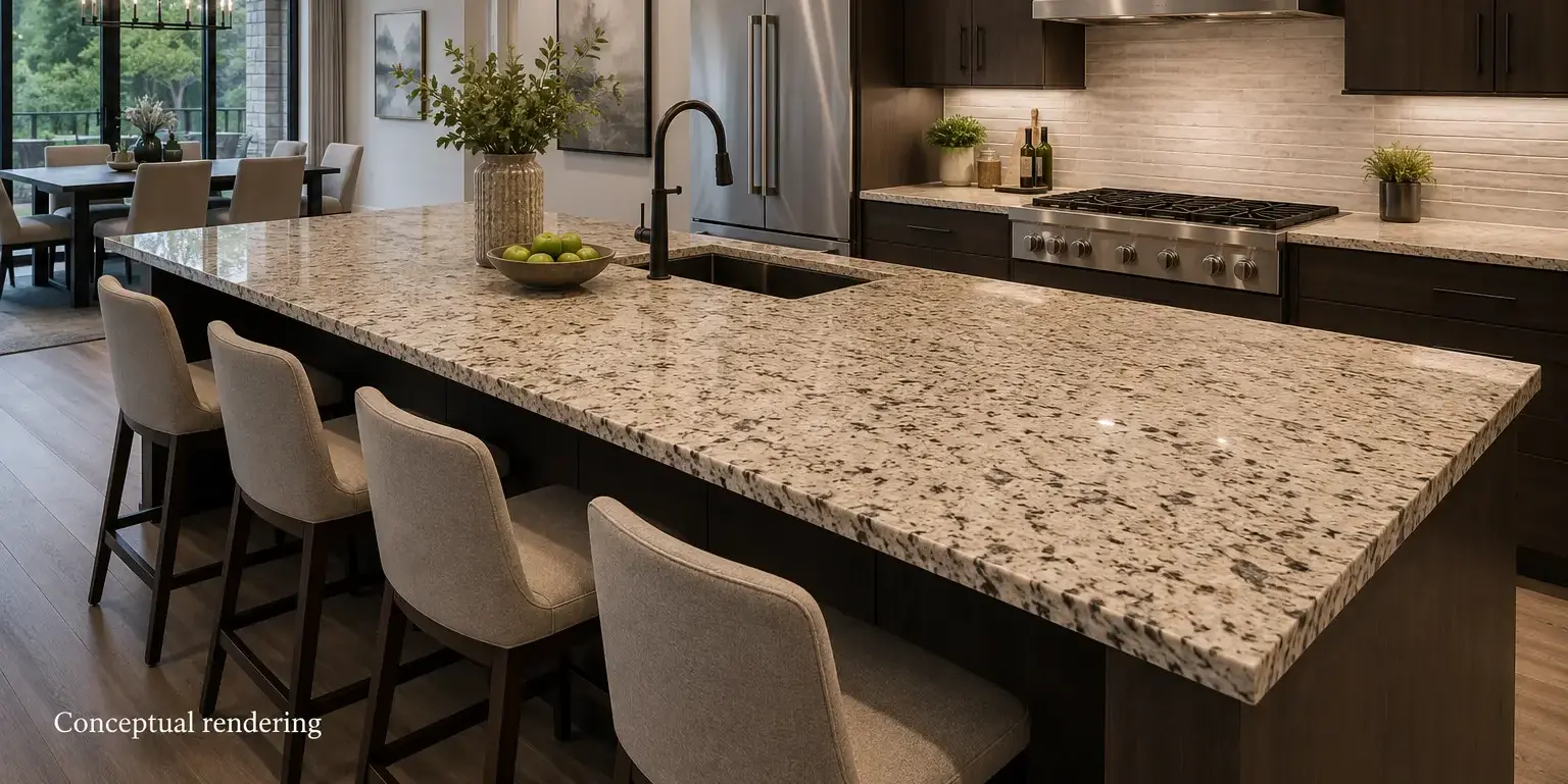 Conceptual rendering of kitchen with a prefab granite countertop and contemporary furnishings at Reno home