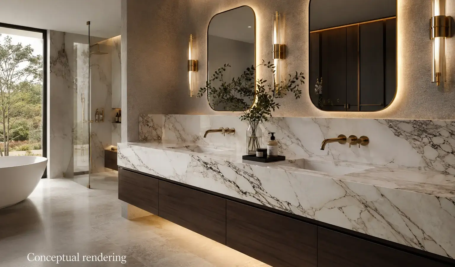 Conceptual rendering of luxurious modern bathroom in Reno featuring a dramatic custom marble countertop