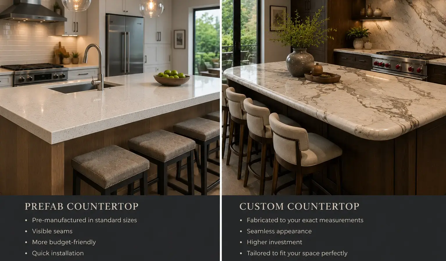 Conceptual rendering of prefab and custom countertops with different edge profiles at Reno home