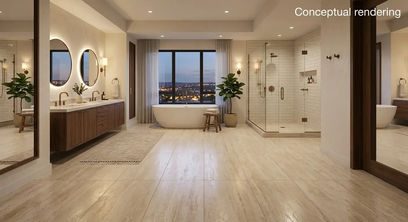 Conceptual rendering of large format porcelain tile flooring