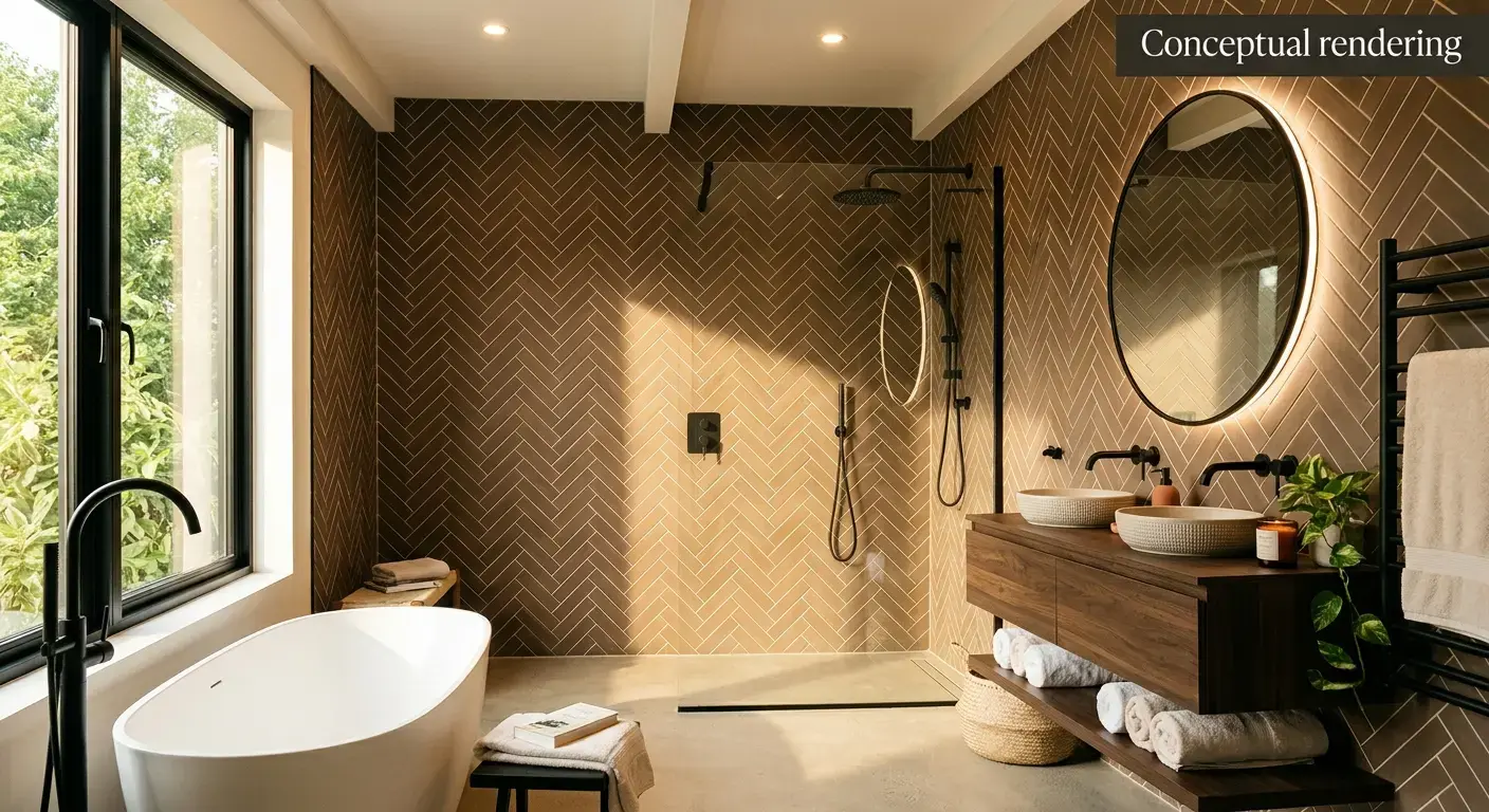 Conceptual rendering of herringbone porcelain tile in bathroom
