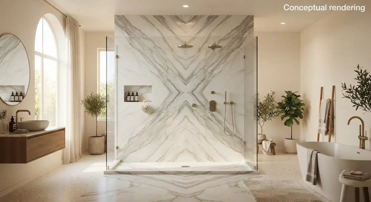 Conceptual rendering of a Large-Format Shower Panel with book-matched marble veining