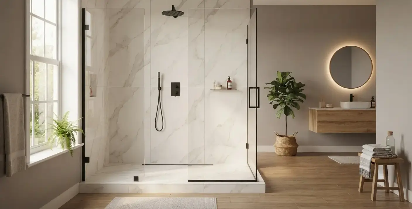 Conceptual rendering of a Large-Format Shower Panel in matte porcelain on a shower floor