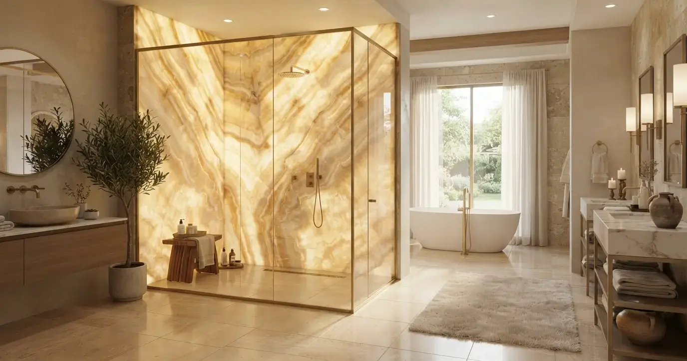 Conceptual rendering of a Large-Format Shower Panel used as a backlit onyx accent wall