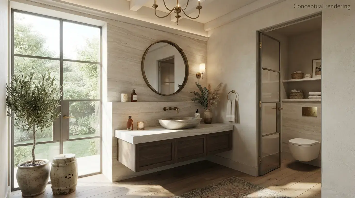 Conceptual rendering of a Natural Stone Countertops honed quartzite powder room