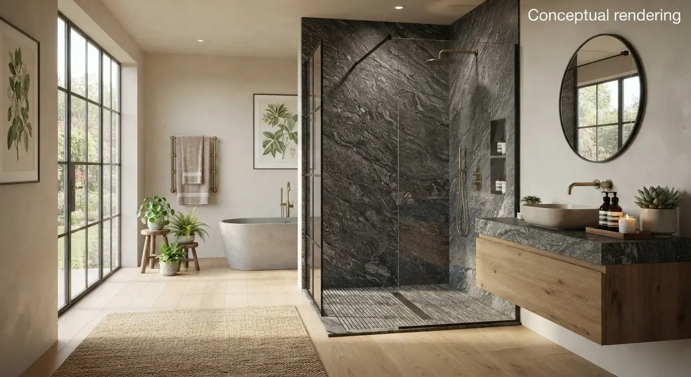 Conceptual rendering of a Natural Stone Countertops leathered granite shower wall