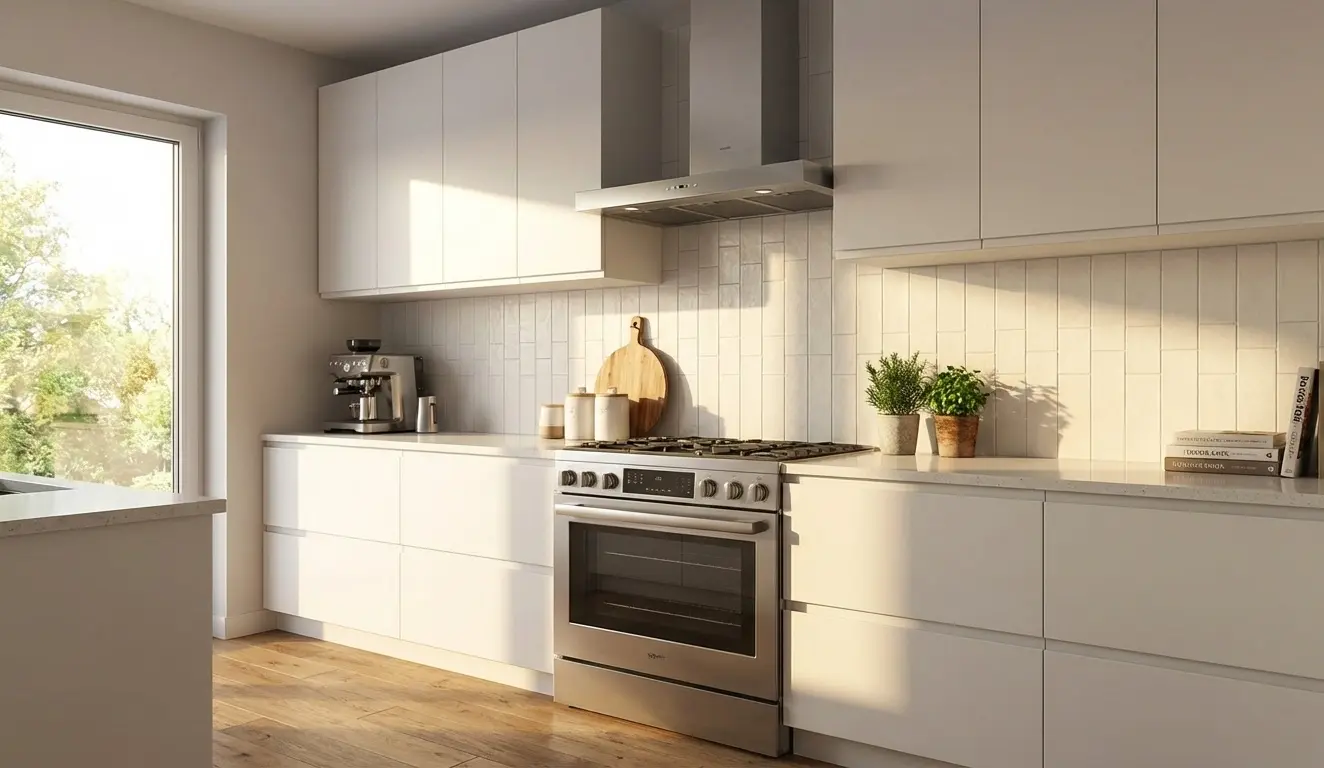 Conceptual rendering of porcelain subway tile backsplash