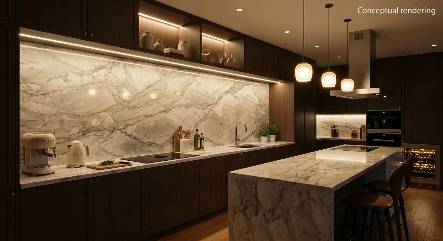 Conceptual rendering of polished quartzite in kitchen backsplash