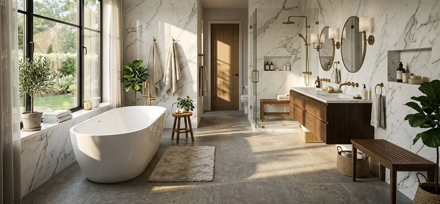 Conceptual rendering of a mixed material home design bathroom with marble walls and textured porcelain floor