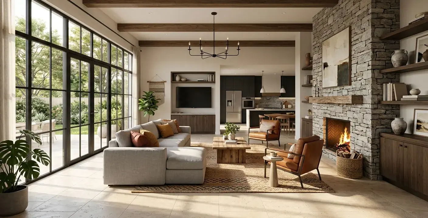 Conceptual rendering of a mixed material home design living room with stone fireplace and porcelain flooring