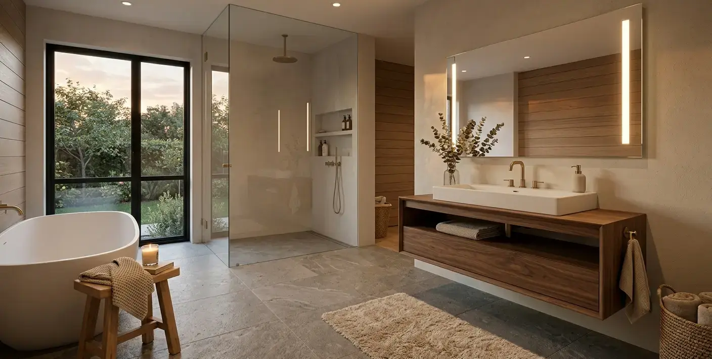 Conceptual rendering of a Minimalist Homes bathroom with a floating vanity and matte stone floor