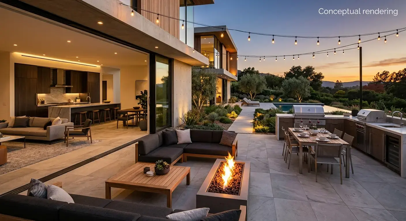 Conceptual rendering of a Minimalist Homes outdoor patio with continuous quartzite pavers extending from an indoor room