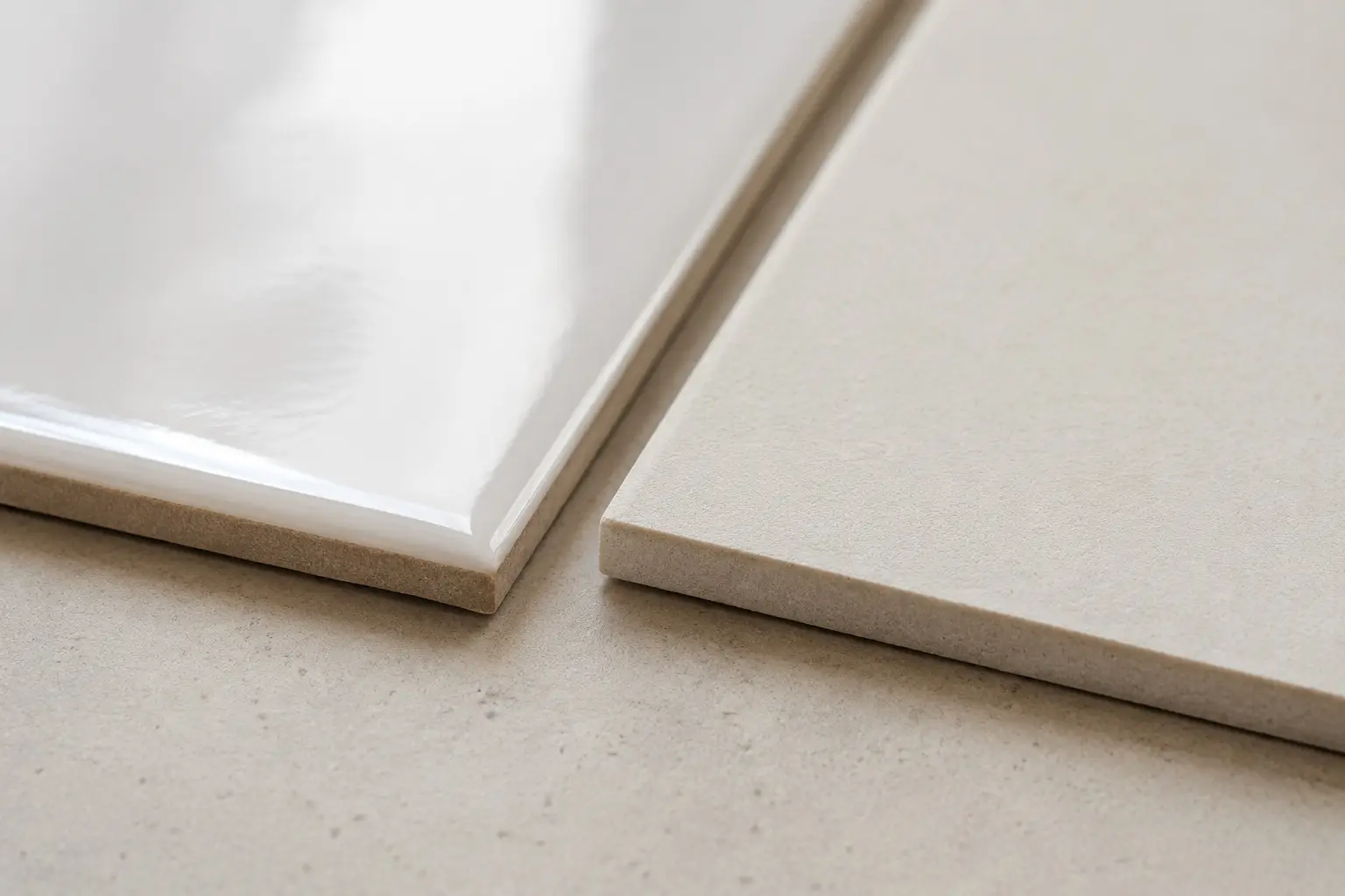 Conceptual rendering of a Glossy vs matte subway tile finish comparison