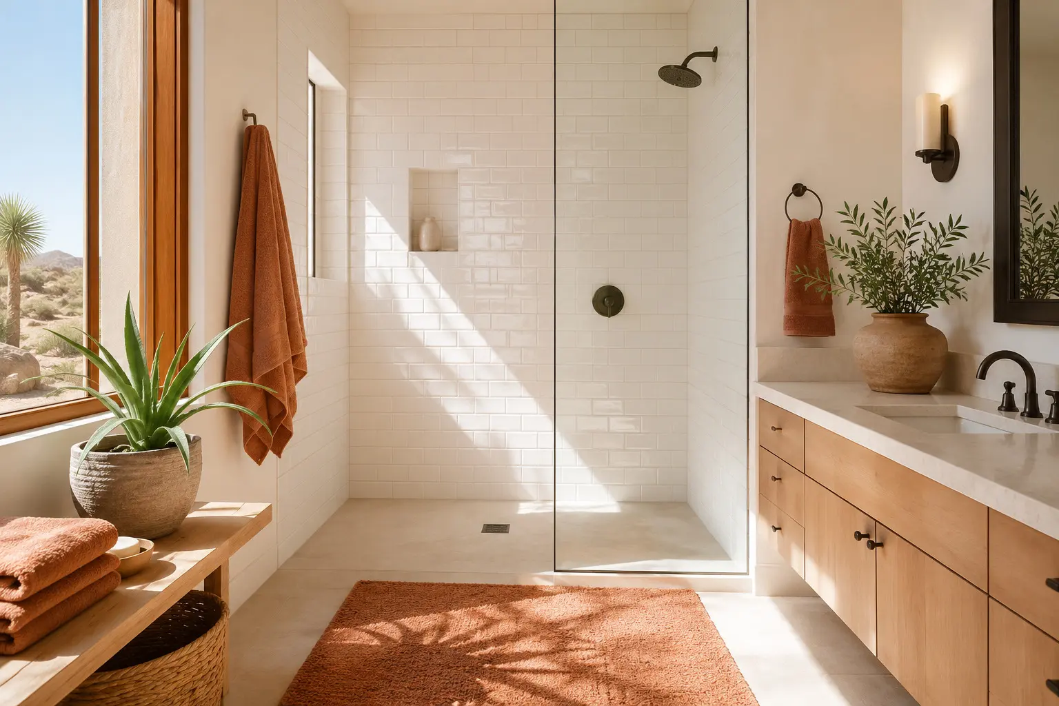 Conceptual rendering of a Sunlit bathroom shower wall with white subway tile