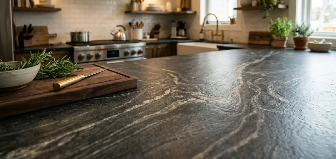 Conceptual rendering of dark gray quartzite leathered finish showing natural veining at Stateline, NV