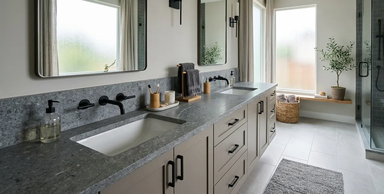Conceptual rendering of honed steel gray granite bathroom vanity countertop in Stateline, NV