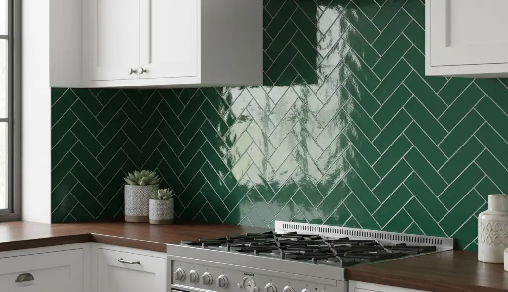 Conceptual rendering of Emerald green subway tiles installed in herringbone pattern creating geometric kitchen backsplash design at Tahoe City home