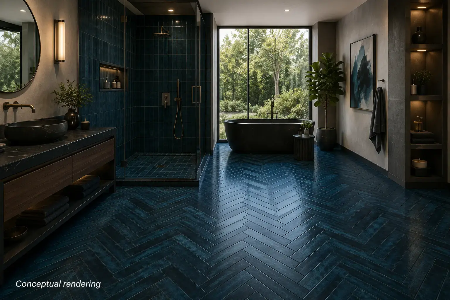 Conceptual rendering of luxury modern bathroom with petrol blue tile at Tahoe City home