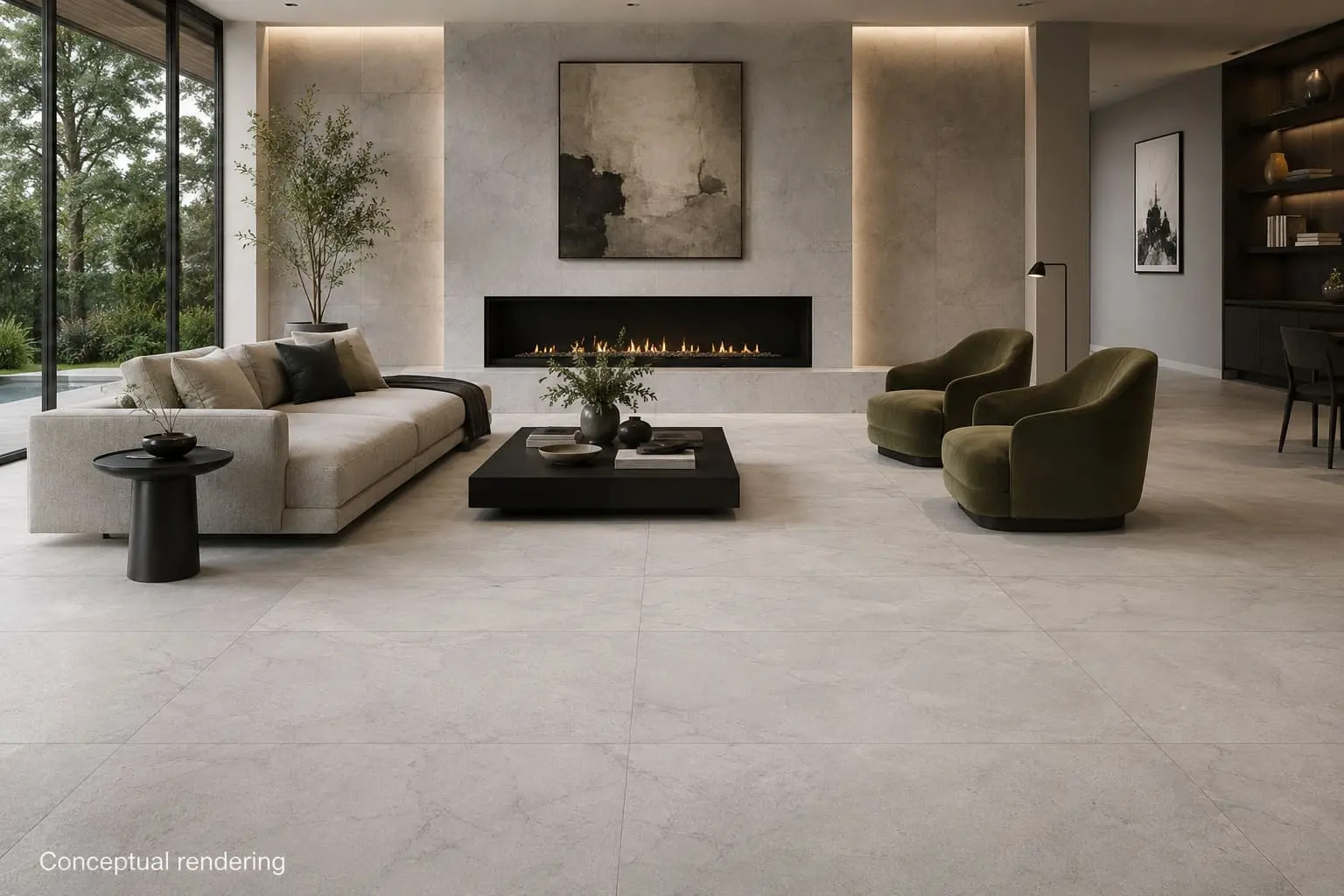 Conceptual rendering of large format porcelain tile in luxury modern living room at Tahoe City