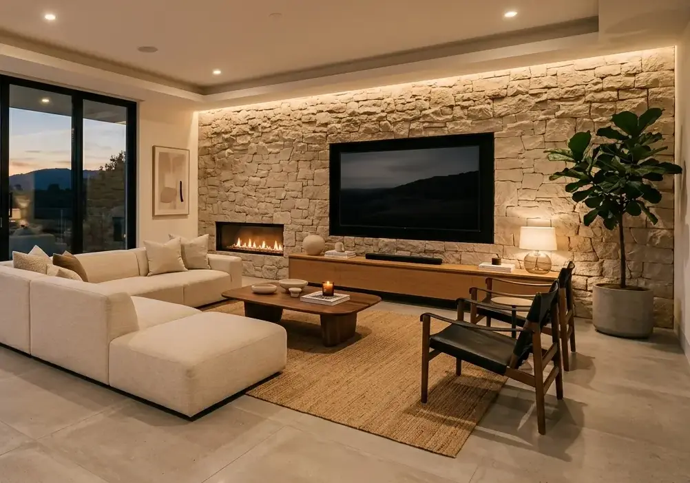 Conceptual rendering of a Minimalist Homes living room with large-format tile flooring and a stone accent wall