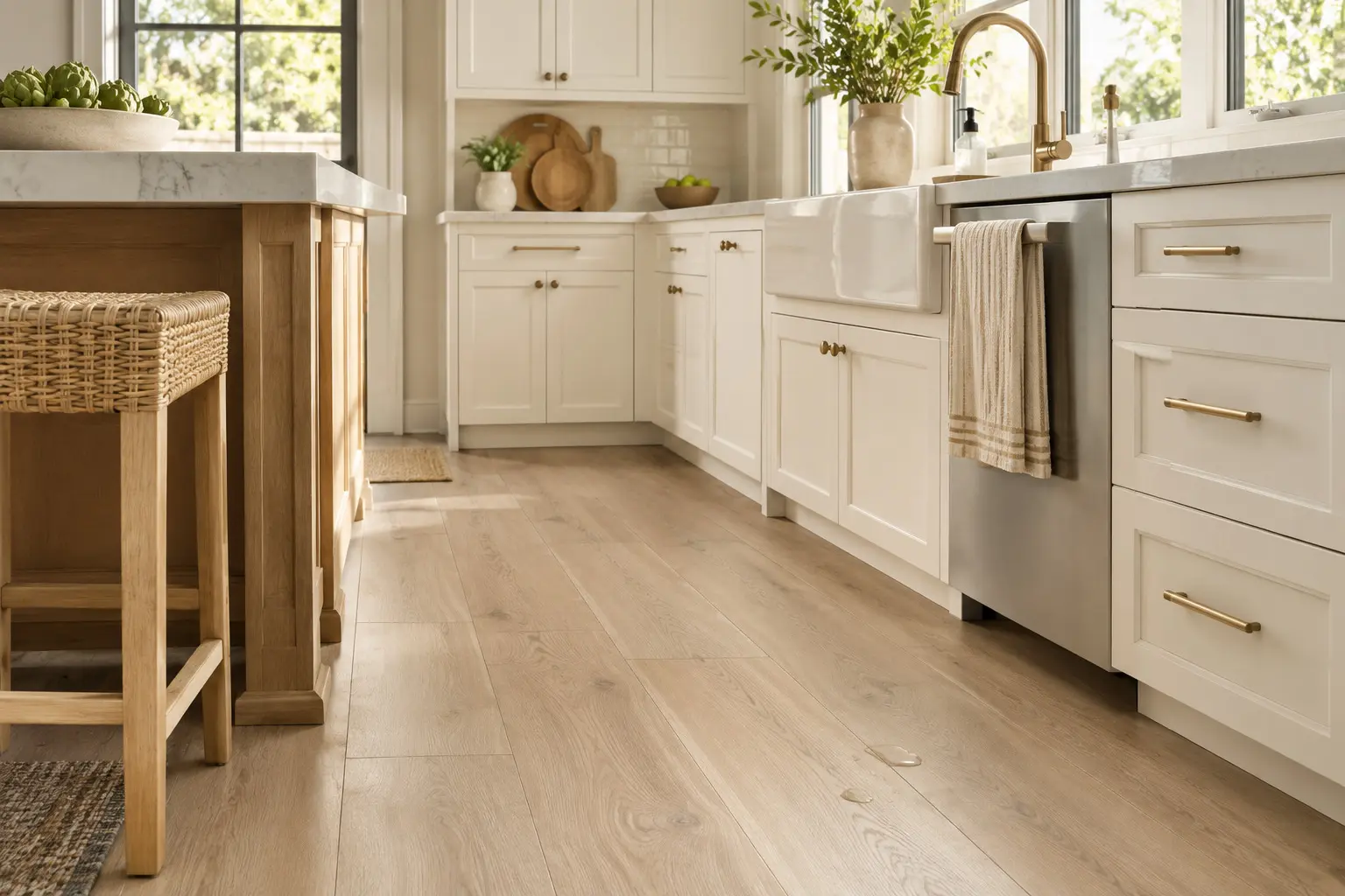 Conceptual rendering of a modern kitchen with light oak-look luxury vinyl plank flooring