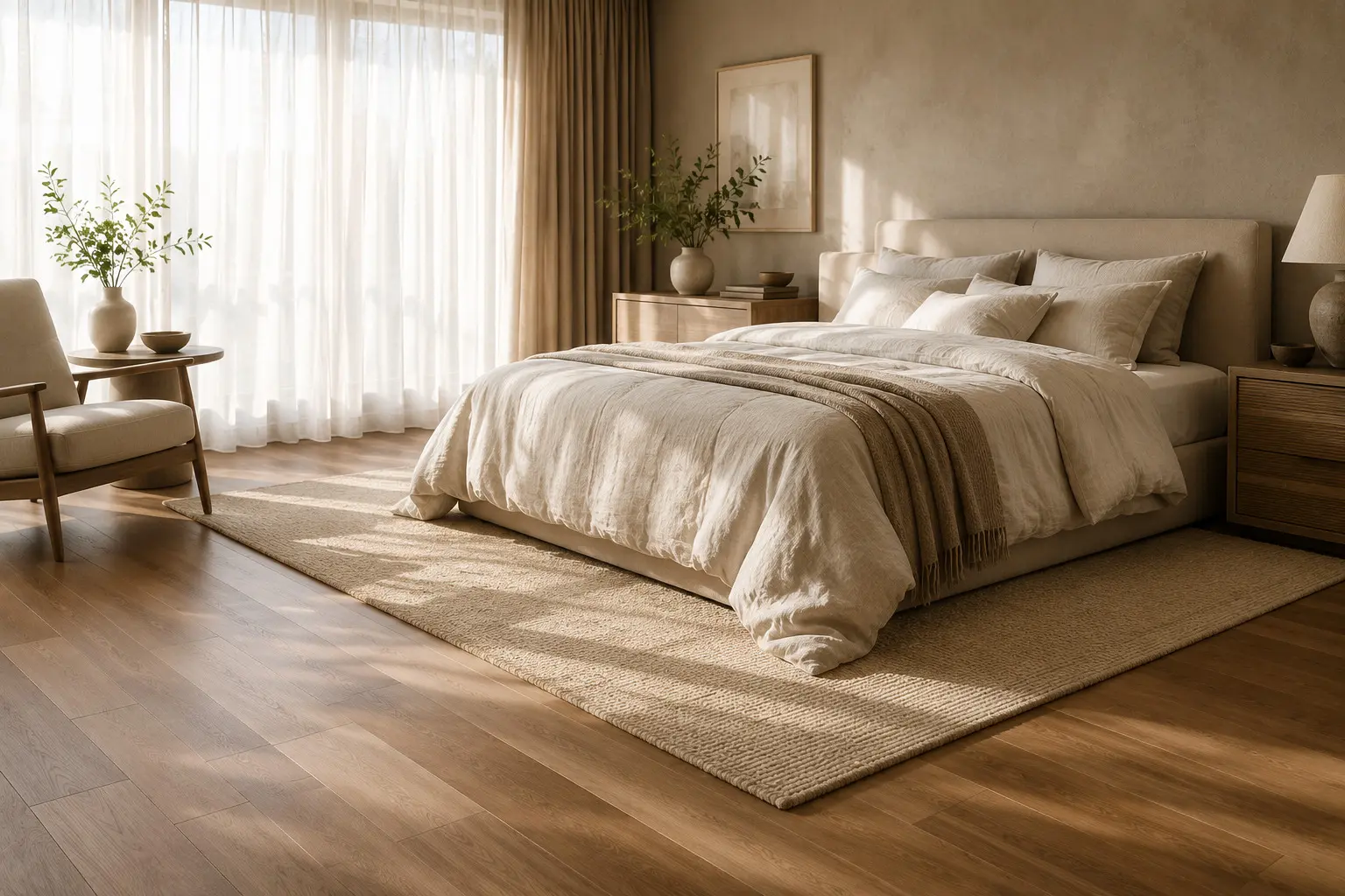 Conceptual rendering of a bedroom with warm-toned laminate flooring, a neutral area rug