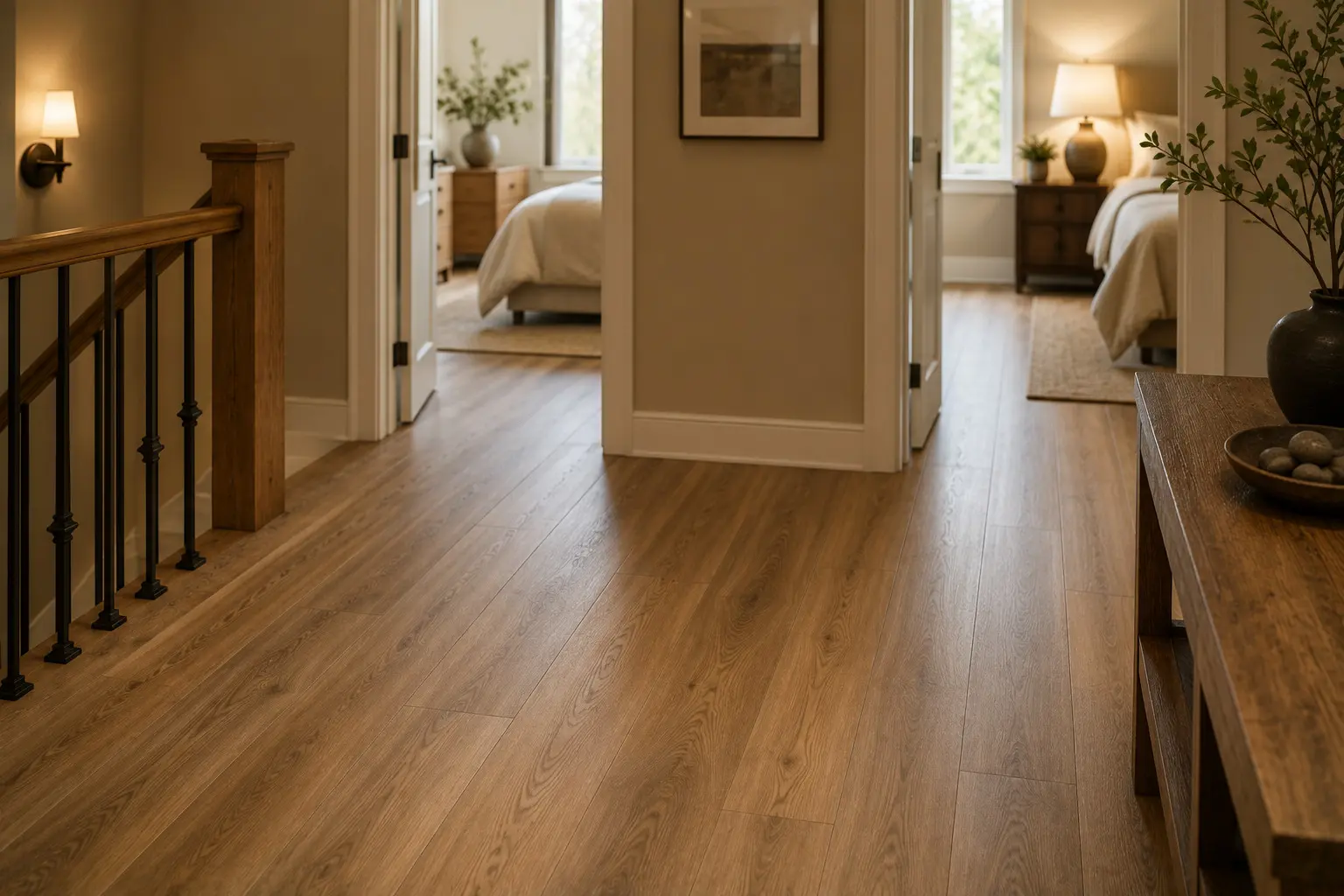 Conceptual rendering of a hallway or stairwell landing with wood-look flooring