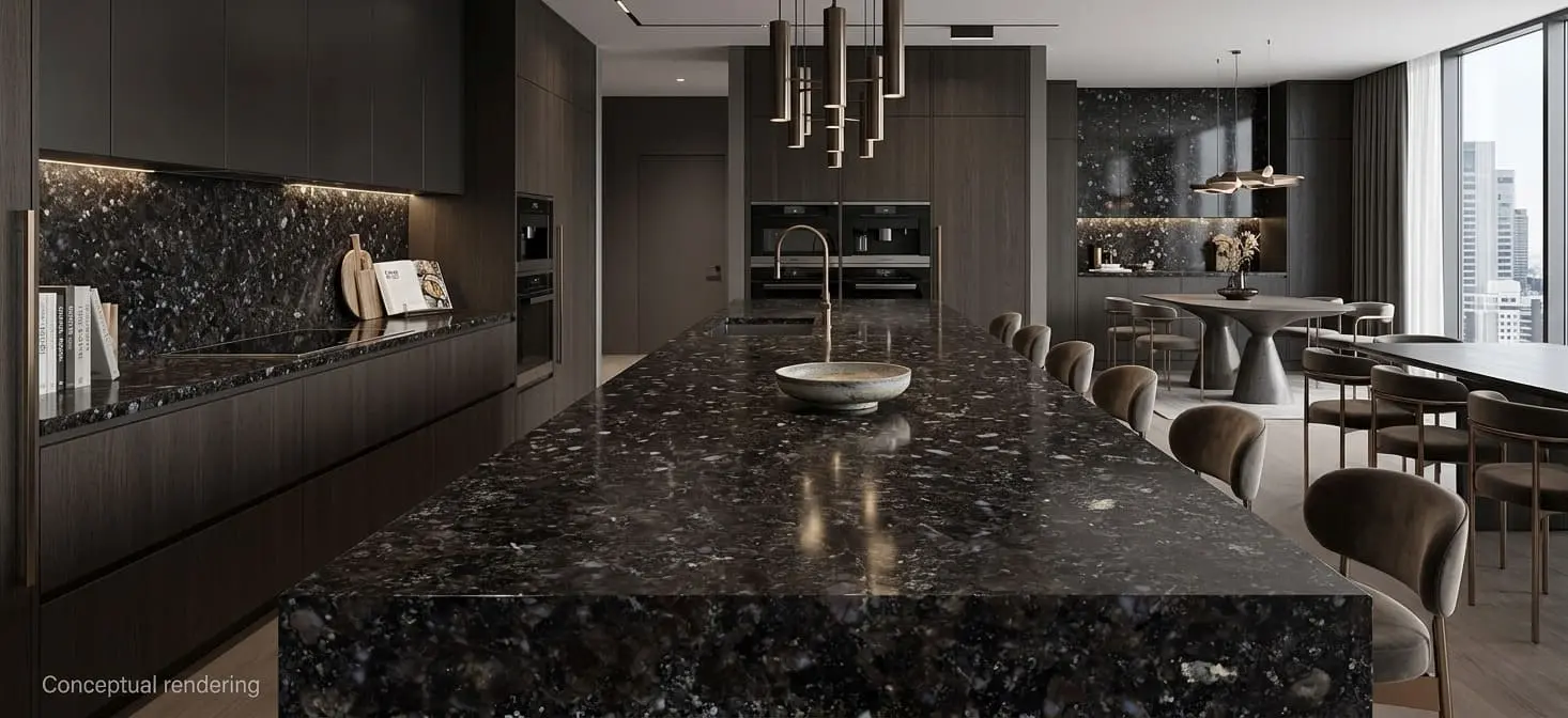 Conceptual rendering of granite slab in luxury kitchen