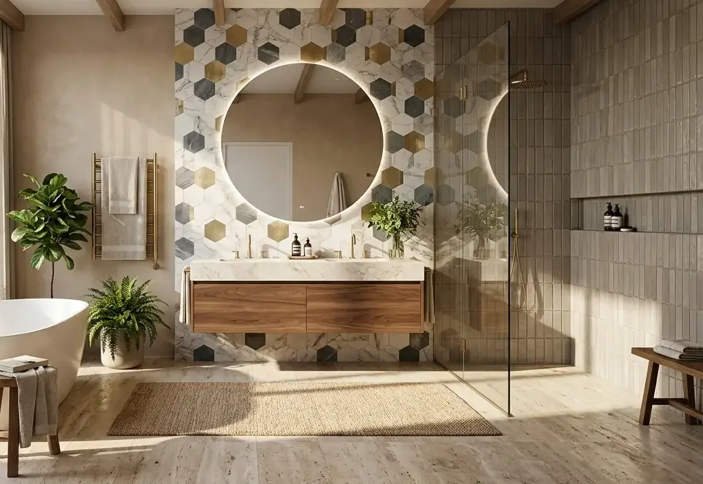 Conceptual rendering of a stone and tile choices bathroom floor and wall combination