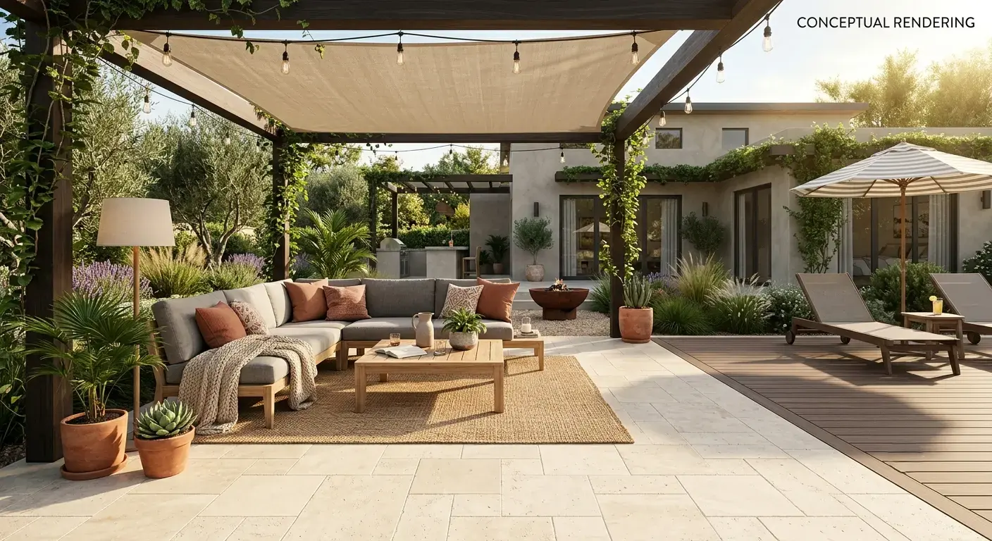 Conceptual rendering of a decking materials comparison featuring honed travertine pavers in a shaded lounge area.