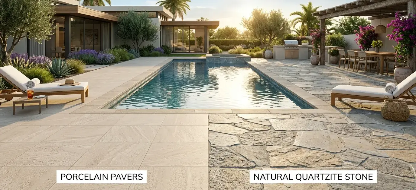 Conceptual rendering of a decking materials comparison between porcelain and quartzite pool deck surfaces