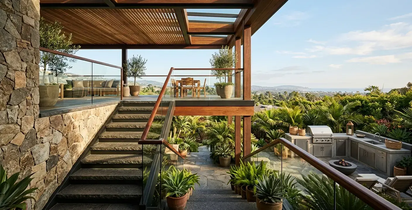Conceptual rendering of a Staircase Designs covered outdoor stairway in leathered quartzite