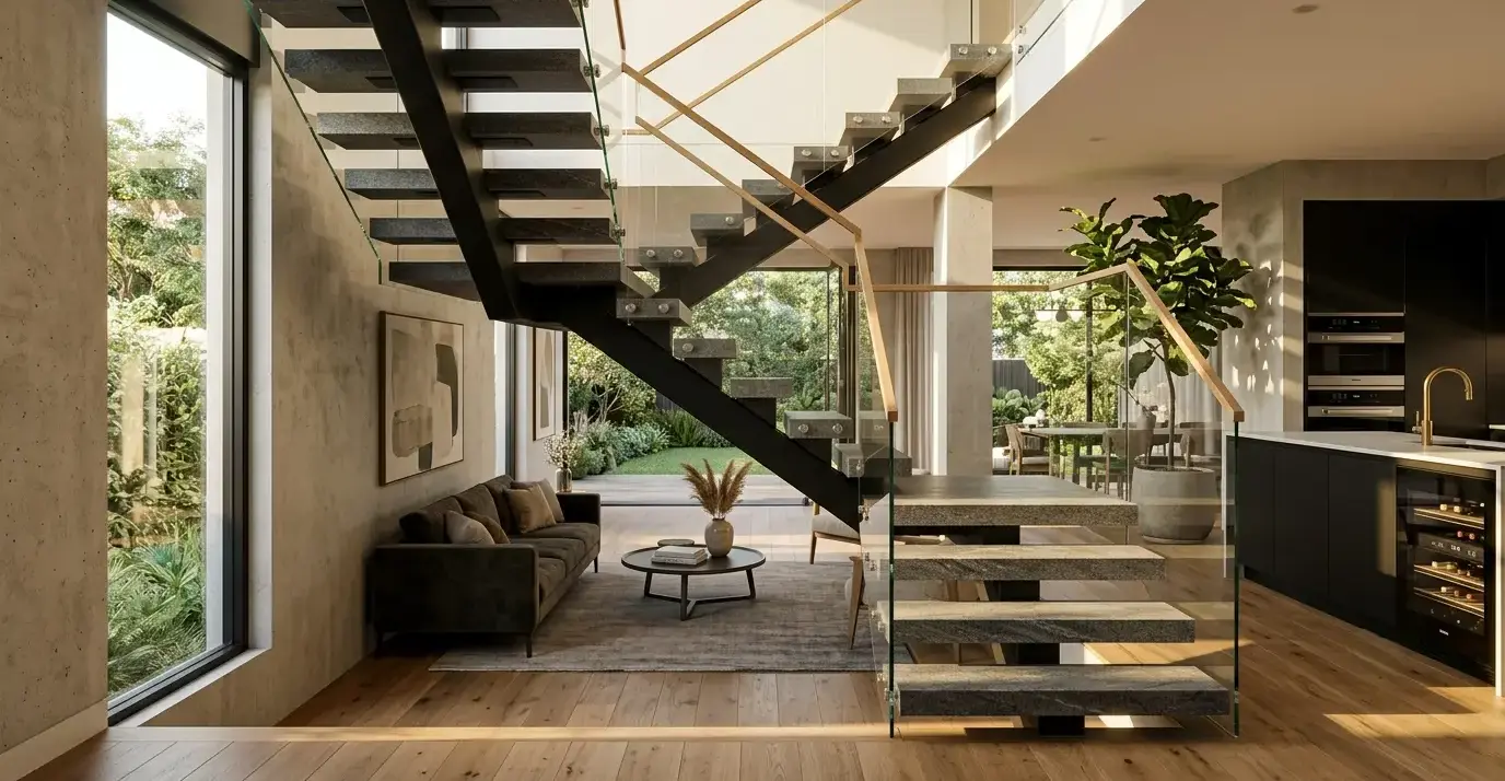 Conceptual rendering of a Staircase Designs feature using honed granite treads