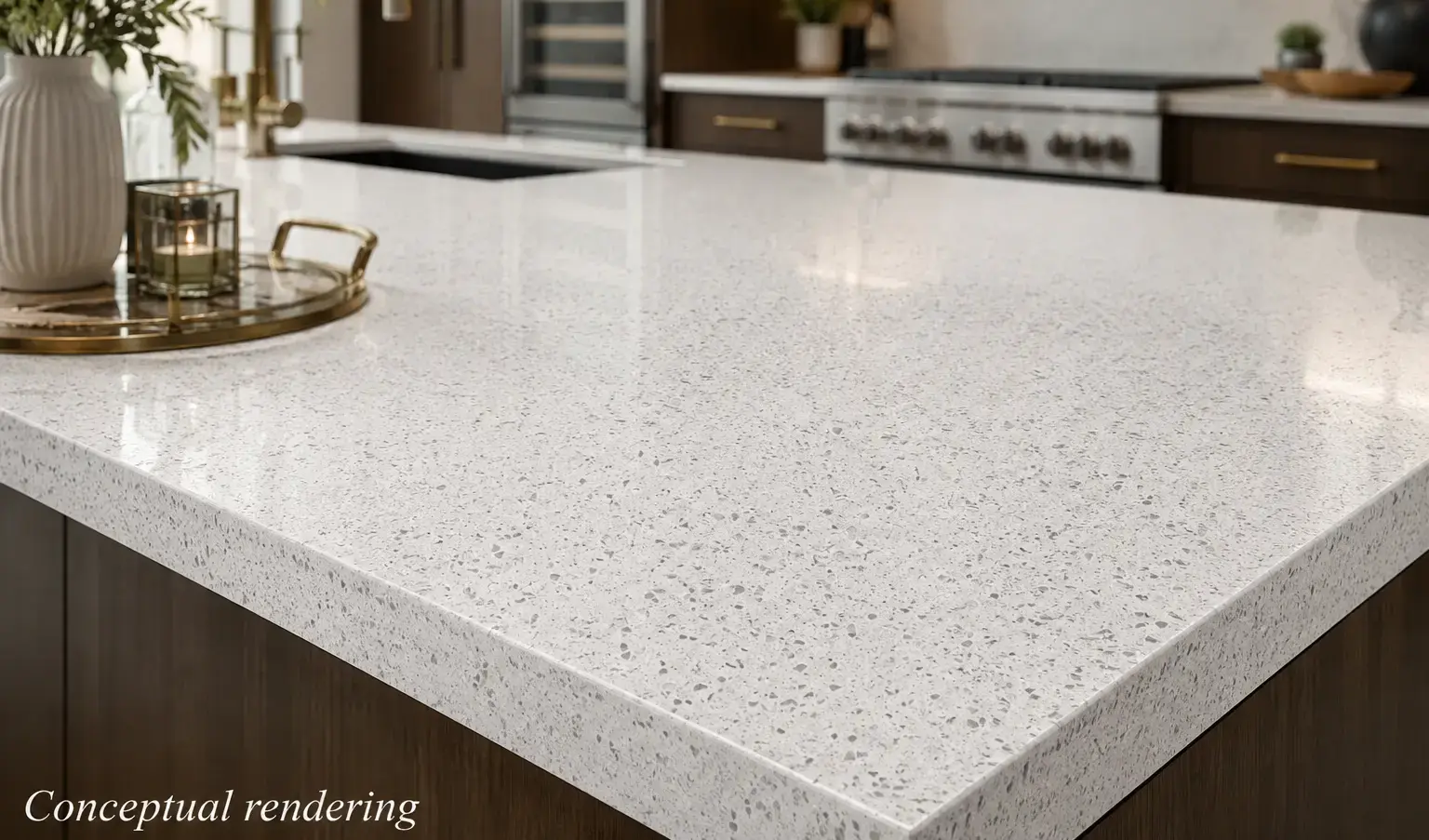 Conceptual rendering of luxury modern kitchen interior in Carson City featuring a light gray quartz countertop with subtle speckled pattern