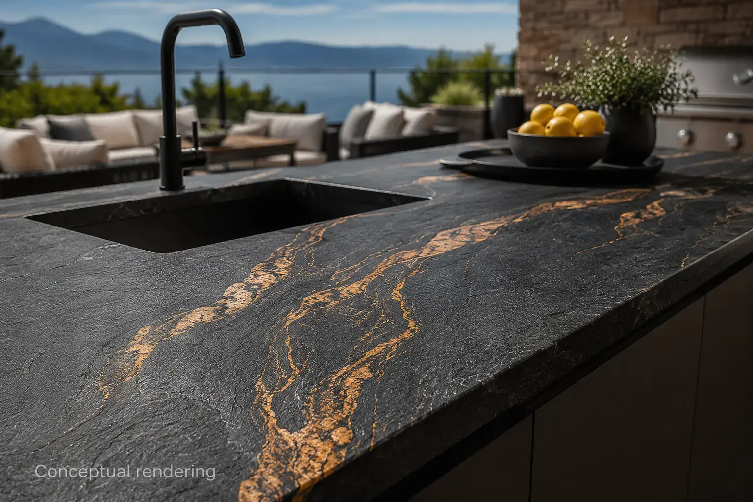 Conceptual rendering of close-up of a luxury outdoor sintered stone countertop in a modern exterior kitchen at Carson City